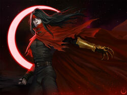 Rule 34 | 1boy, black gloves, black hair, black nails, black pants, black shirt, clawed gauntlets, cloak, commentary, cowboy shot, crescent moon, crystal fae, final fantasy, final fantasy vii, fingerless gloves, gloves, headband, long hair, male focus, moon, nail polish, pale skin, pants, parted bangs, red cloak, red eyes, red headband, shirt, solo, torn cloak, torn clothes, vincent valentine, watermark, web address