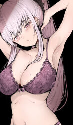 1girl armpits arms_up black_background black_bra black_scrunchie blush bow bow_bra bra breasts cleavage commentary hair_ornament hair_scrunchie highres hololive hololive_english large_breasts long_hair looking_at_viewer mori_calliope pink_hair ponytail red_eyes revision sakiya_(sak1_01) scrunchie solo symbol-only_commentary underwear underwear_only virtual_youtuber