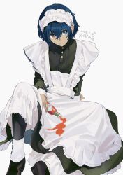 1boy abi_07km apron arm_support black_dress black_pants black_shoes blue_eyes blue_hair brown_eyes buttons closed_mouth crossdressing dress frilled_sleeves frills hair_between_eyes heterochromia highres knee_up maid maid_apron male_focus male_maid metaphor:_refantazio pants protagonist_(metaphor:_refantazio) shoes simple_background sitting sleeve_cuffs solo spilling stain stained_clothes tabasco white_apron white_background