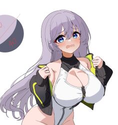 1girl absurdres alice_gear_aegis black_jacket blue_eyes breasts choi7353 circle_cutout cleavage_cutout clothing_cutout companion/af covered_collarbone front_zipper full-length_zipper heattech_leotard highleg highleg_leotard highres jacket large_breasts leotard long_hair multicolored_leotard original purple_hair race_queen simple_background sleeveless_turtleneck_leotard solo turtleneck two-tone_leotard white_background white_leotard zipper zipper_leotard zipper_pull_tab