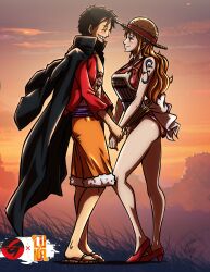 Rule 34 | 1boy, 1girl, absurdres, artist logo, artist name, ass, bare legs, bare shoulders, black hair, breasts, brown eyes, closed eyes, closed mouth, gerardosteel, highres, japanese clothes, kimono, large breasts, logo, long hair, looking at another, monkey d. luffy, nami (one piece), nami (one piece) (onigashima), obi, one piece, orange hair, orange sky, red kimono, sash, short hair, short kimono, shoulder tattoo, sky, sleeveless, sleeveless kimono, smile, sunset, tattoo, text focus