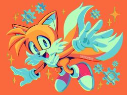 1boy animal_ears animal_nose blue_eyes body_fur commentary english_commentary fangs fox_boy fox_ears fox_tail full_body furry furry_male gears gloves highres looking_at_viewer male_focus multiple_tails nolvini open_mouth orange_background red_shoes shoes smile solo sonic_(series) sparkle tail tails_(sonic) two_tails white_gloves yellow_fur