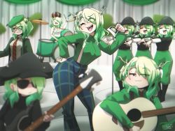 6+girls absurdres arched_back bass_guitar beret bicorne blurry blurry_background blurry_foreground braid braided_bangs branch breasts ceres_fauna clone closed_eyes curtains drum drumming drumsticks flat_cap formal_clothes glasses green_hair guitar half-closed_eyes hat high-waist_pants highres hololive hololive_english instrument microphone multiple_girls music necktie one_eye_closed open_mouth outkast pants parody plaid_clothes plaid_pants plant_on_head playing_instrument polaroid_photo reaching reaching_towards_viewer ryou_sakai shirt singing single_braid smile stage_curtains suit sunglasses suspenders tank_top thick_thighs thighs virtual_youtuber wide_hips