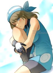 1girl ariekochan bandana bike_shorts blue_bandana blue_eyes blue_shirt breasts brown_hair fang gloves highres looking_at_viewer may_(pokemon) nintendo pokemon pokemon_adventures shirt short_hair shorts sleeveless solo