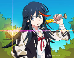 1girl alternate_hair_length alternate_hairstyle baseball_bat black_hair blue_eyes holding holding_baseball_bat jacket kill_la_kill letterman_jacket matoi_ryuuko multicolored_hair nail nail_(hardware) nail_bat nirak solo two-tone_hair