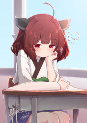 1girl ahoge blush brown_hair chair closed_mouth commentary_request desk head_rest headgear highres indoors japanese_clothes kimono long_sleeves medium_hair miniskirt obi on_chair pleated_skirt purple_skirt red_eyes sash school_desk sechin sitting skirt solo sparkle squeans touhoku_kiritan twitter_username voiceroid white_kimono wide_sleeves