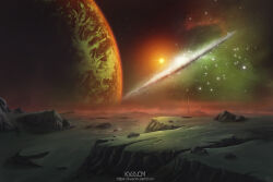 Rule 34 | artist logo, city, galaxy, kvacm, landscape, logo, motor vehicle, no humans, original, planet, scenery, science fiction, sky, space, star (sky), starry sky, watermark