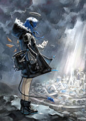 Rule 34 | absurdres, ankle boots, arknights, bag, black boots, black horns, black jacket, black tail, blue hair, blue tail, boots, city, demon horns, demon tail, energy wings, eudaemonm, facing to the side, from side, fur-trimmed jacket, fur trim, halo, hand in pocket, highres, holding, holding pocket watch, hood, hooded jacket, horns, jacket, medium hair, mostima (arknights), open clothes, open jacket, overcast, pocket watch, rain, shoulder bag, sky, standing, tail, traditional halo, watch, wet