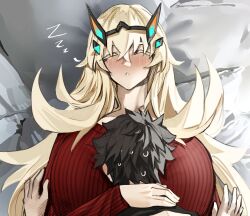 Rule 34 | 1boy, 1girl, absurdres, barghest (fate), barghest (like a lady) (fate), black hair, blonde hair, breasts, dress, fate/grand order, fate (series), fujimaru ritsuka (male), highres, horns, hug, huge breasts, long hair, long sleeves, obazzotto, red dress, short hair, sleeping, zzz
