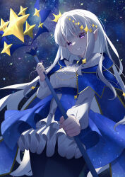 1girl absurdres black_pantyhose blue_pupils braid breasts crown_braid dress elf emilia_(re:zero) frilled_dress frilled_skirt frills hair_ornament highres holding holding_staff long_hair looking_at_viewer night night_sky official_alternate_costume pantyhose pointy_ears purple_eyes rain_re_a re:zero_kara_hajimeru_isekai_seikatsu skirt sky smile solo staff star_(sky) star_(symbol) starry_sky very_long_hair white_dress white_hair