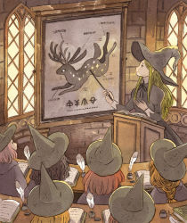 6+girls antlers black_dress black_hair black_headwear blonde_hair book braid brown_hair classroom dress feathers green_hair hand_up hat heikala highres horns indoors inktober inkwell juliet_sleeves long_hair long_sleeves multiple_girls open_book original painting_(medium) podium profile puffy_sleeves quill teacher teaching traditional_media watercolor_(medium) witch witch_hat