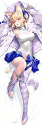 Rule 34 | 1girl, :d, animal ear fluff, animal ears, arcueid brunestud, black panties, blonde hair, blue skirt, blush, bodystocking, bow, breasts, camisole, cat ears, controller, crescent, crescent hair ornament, crop top, crop top overhang, fang, fate/grand order, fate (series), fingerless gloves, full body, game controller, gamepad, gloves, hair ornament, headphones, highres, hood, hooded jacket, jacket, kousaki rui, large breasts, long sleeves, looking at viewer, miniskirt, open mouth, panties, panty pull, phantas-moon, phantas-moon (second ascension), purple gloves, purple thighhighs, red eyes, shirt, short hair, skin fang, skirt, sleeveless, sleeveless shirt, smile, solo, stirrup legwear, striped clothes, striped gloves, striped thighhighs, thighhighs, toeless legwear, torn bodystocking, torn clothes, underwear, white camisole, white jacket, white shirt