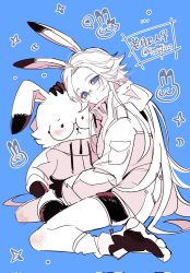 1girl animal_ears aotsuki_eito blue_background blush boots corrupted_twitter_file dated doodle_inset drawstring eromkk full_body genderswap genderswap_(mtf) glasses gloves highres holding holding_stuffed_toy jacket knee_blush long_hair rabbit_ears shorts solo stuffed_animal stuffed_rabbit stuffed_toy the_hundred_line_-last_defense_academy- twitter_username