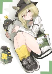 1girl animal_ears arknights beanstalk_(arknights) black_hat black_shoes brown_eyes c: chinese_commentary closed_mouth commentary corrupted_twitter_file full_body hair_between_eyes hat highres holding hoshikawayoyami infection_monitor_(arknights) kneehighs long_sleeves looking_at_viewer shirt shoes smile socks solo white_shirt yellow_socks