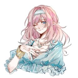 Rule 34 | 1girl, ;), blue eyes, blue shirt, breasts, chinese commentary, cleavage, commentary request, commission, cropped torso, elf, elysia (honkai impact), elysia (miss pink elf) (honkai impact), elysia (summer miss elf) (honkai impact), hairband, highres, honkai (series), honkai impact 3rd, jewelry, large breasts, long hair, looking at viewer, necklace, official alternate costume, one eye closed, pointy ears, shell, shell necklace, shirt, simple background, smile, solo, white background, white hairband, yeming (yeming66410)