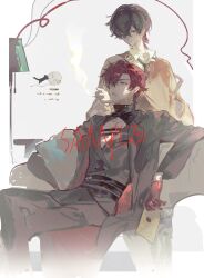 2boys black_vest brown_hair coat collared_shirt couch crossed_legs envelope formal_clothes gloves hair_between_eyes highres jacket long_sleeves male_focus multiple_boys open_clothes original qyzhiaiyisheng red_gloves red_hair red_ribbon ribbon shirt short_hair sitting smoke smoking string sweater_vest vest white_shirt yellow_eyes