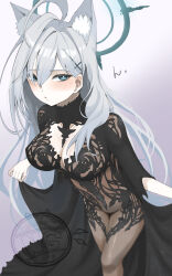 1girl 966_kururu_966 absurdres ahoge alternate_costume animal_ear_fluff animal_ears black_bodysuit black_shrug blue_archive blue_eyes blush bodysuit closed_mouth cross_hair_ornament grey_hair hair_between_eyes hair_ornament highres long_hair looking_at_viewer shiroko_(blue_archive) shiroko_terror_(blue_archive) shrug_(clothing) sidelocks skirt_hold solo wolf_ears wolf_girl