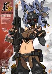 1girl animal_ears bikini bikini_over_clothes black_bikini black_gloves blue_hair breasts commission cowboy_shot english_text fingerless_gloves front-tie_bikini_top front-tie_top gloves gun halterneck highres holding holding_gun holding_weapon holster looking_at_viewer mask medium_breasts nancou_(nankou) navel original rabbit_ears see-through_clothes short_hair solo swimsuit thigh_holster trigger_discipline weapon