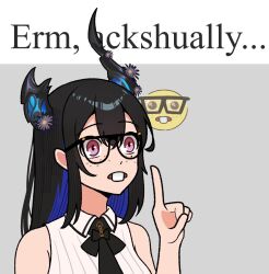 1girl ackchyually_(meme) black_hair black_horns blue_hair buck_teeth colored_inner_hair dress_shirt freckles ginotty glasses highres hololive hololive_english horns index_finger_raised meme multicolored_hair nerd_emoji nerissa_ravencroft nerissa_ravencroft_(1st_costume) purple_eyes shirt solo teeth virtual_youtuber white_shirt