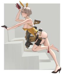 1girl animal_ears ass backless_leotard black_gloves black_shoes breasts commentary english_commentary fake_animal_ears fake_tail from_side full_body girls&#039;_frontline girls&#039;_frontline_2:_exilium gloves grey_background grey_hair gun high_heels kriss_vector large_breasts leotard looking_to_the_side magazine_(weapon) photoshop_(medium) playboy_bunny puto_trash rabbit_ears shoes sideboob single_bare_foot single_shoe solo strapless strapless_leotard submachine_gun tail two-tone_gloves vector_(girls&#039;_frontline) vector_(girls&#039;_frontline_2) weapon yellow_leotard