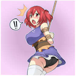 ! !! 1girl ^^^ arms_behind_back ass bdsm black_panties bondage bound breasts female_focus hair_bobbles hair_ornament highres jam-orbital large_breasts obi onozuka_komachi open_mouth panties pantyshot red_eyes red_hair rope sash shibari short_hair short_twintails solo sweatdrop tears thighhighs touhou twintails two_side_up underwear white_thighhighs