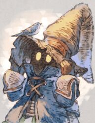 1boy animal animal_on_head bird bird_on_head black_mage_(final_fantasy) blue_bird blue_coat brown_gloves coat final_fantasy final_fantasy_ix gloves glowing glowing_eyes grey_background hat highres long_sleeves maeka_(kumaekake) male_focus on_head pants popped_collar portrait solo striped_clothes striped_pants upper_body vivi_ornitier wizard_hat yellow_eyes