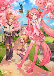 1boy 2girls :d ahoge arm_tattoo arm_up armpits artist_name belt black_sailor_collar black_shorts black_socks blue_eyes blue_sky blush bow bowtie breasts building cable_car character_name cherry_blossoms cherry_hair_ornament cloud cloudy_sky collared_shirt commentary_request company_name copyright_name copyright_notice day detached_sleeves dot_nose double-parted_bangs falling_petals flipped_hair food-themed_hair_ornament fountain full_body grass hair_between_eyes hair_bow hair_ornament hairclip hand_up hatsune_miku headphones headset heel_up high_ponytail highres hirohako holding holding_petal kagamine_len kagamine_rin kneehighs large_bow legs_together logo long_hair looking_at_viewer looking_down loose_belt microphone miniskirt mountain multiple_girls necktie number_tattoo official_art open_mouth outdoors outstretched_arm outstretched_hand own_hands_together park parted_bangs perspective petals pink_belt pink_eyes pink_hair pink_necktie pink_shirt pink_shoes pink_skirt pink_sleeves pink_thighhighs pleated_skirt ponytail railing sailor_collar sailor_shirt sakura_miku sazanami_(ripple1996) shirt shoes short_hair short_ponytail short_sleeves shorts siblings skirt sky sleeveless sleeveless_shirt small_breasts smile socks spring_(season) squatting stairs standing tattoo thighhighs tie_clip toes_up tree twins twintails vanishing_point very_long_hair vocaloid water waving white_bow white_shirt white_shoes yellow_belt yellow_bow yellow_bowtie yellow_necktie zettai_ryouiki