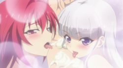 10s 2girls animated animated_gif cream eating food licking lowres multiple_girls naruse_maria naruse_mio purple_eyes red_eyes red_hair screencap sexually_suggestive shinmai_maou_no_testament white_hair