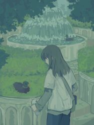 1girl analogous_colors animal bag bird blue_pants bottle cyberseaurchin duck fountain grass green_bag green_hair green_sleeves highres holding holding_bottle limited_palette looking_at_animal original outdoors pants plant shirt water water_bottle