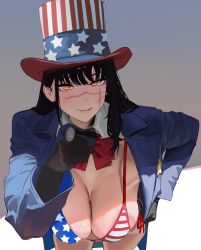 1girl american_flag american_flag_bikini american_flag_print bikini black_hair bow breasts chainsaw_man collar collarbone female_focus flag_print flag_print_bikini hand_on_own_hip hanging_breasts hat highres hintobento jacket large_breasts leaning_forward lips long_hair looking_at_viewer pointing pointing_at_viewer print_bikini red_bow ringed_eyes scar scar_on_face simple_background smile solo standing swimsuit top_hat uncle_sam uncle_sam_(cosplay) yellow_eyes yoru_(chainsaw_man)