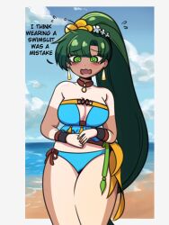 1girl beach bikini blue_bikini blue_sky breasts cleavage cloud earrings fire_emblem fire_emblem:_the_blazing_blade fire_emblem_heroes flying_sweatdrops green_eyes green_hair highres jewelry lyn_(fire_emblem) lyn_(lady_of_the_beach)_(fire_emblem) midriff nintendo sky spoil_er swimsuit tan tanline