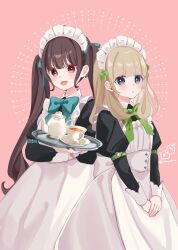 2girls :d apron black_dress blue_bow blush bow brown_hair collared_dress commentary_request cup dress frilled_apron frills green_bow grey_eyes hair_bow highres holding holding_tray juliet_sleeves long_hair long_sleeves maid maid_apron maid_headdress multiple_girls open_mouth original parted_lips pink_background puffy_sleeves red_eyes rino_cnc saucer smile tea teacup teapot tray twintails very_long_hair white_apron