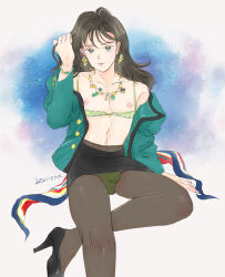 1boy black_skirt bra bracelet brown_hair bulge crossdressing crossed_legs earrings green_bra green_eyes green_jacket green_panties high_heels jacket jewelry lemicon long_hair looking_at_viewer navel necklace nipples open_clothes open_jacket original panties pantyhose pencil_skirt seductive_gaze skirt trap underwear