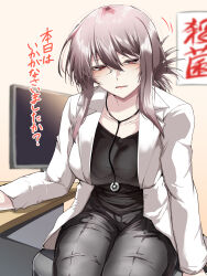 1girl black_shirt breasts desk expressionless fate/grand_order fate_(series) florence_nightingale_(fate) glasses grey_hair highres lab_coat large_breasts looking_at_viewer monitor red_eyes shirt sitting stethoscope tgxx3300 translation_request