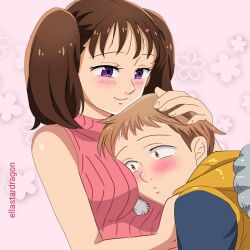 Rule 34 | 1boy, 1girl, blush, breasts, brown hair, diane (nanatsu no taizai), ellastardragon, face to breasts, hand on another&#039;s head, hug, king (nanatsu no taizai), large breasts, long hair, nanatsu no taizai, purple eyes, short hair, sleeveless, twintails, yellow eyes
