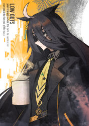 Rule 34 | 1girl, absurdres, ahoge, animal ears, artist name, belt, black belt, black choker, black coat, black hair, black shirt, choker, closed mouth, coat, collared shirt, contrast collar, cup, ear ornament, ear tag, earrings, eyes visible through hair, frown, hair between eyes, highres, holding, holding cup, horse ears, horse girl, jewelry, long bangs, long hair, long hair between eyes, long sleeves, manhattan cafe (umamusume), mug, multicolored hair, open clothes, open coat, shirt, single earring, solo, steam, tsunooki, umamusume, very long hair, watermark, white hair, yellow eyes