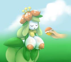 1girl blue_background blue_sky breasts closed_eyes cloud crown cupcake day disembodied_hand female_focus flower food food_focus gen_5_pokemon gradient_background green_background green_hair hair_flower hair_ornament highres huge_breasts large_areolae leaning_forward lilligant long_hair metachoke mini_crown nintendo nipples no_humans open_mouth outdoors own_hands_together pokemon pokemon_(creature) pokemon_bw red_flower simple_background sky solo standing trembling v_arms