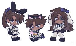 Rule 34 | 3boys, animal ear hairband, animal ears, black hairband, bow, brown hair, cat ear hairband, cat ears, cat tail, chibi, fake animal ears, full-stop office (identity) (project moon), hair bow, hairband, heathcliff (project moon), high ponytail, holding, holding knife, kageyamakira, knife, limbus company, long hair, looking at viewer, multiple boys, multiple persona, parted bangs, pastry bag, ponytail, project moon, purple bow, purple eyes, rabbit ears, tail, wuthering heights (identity) (project moon)