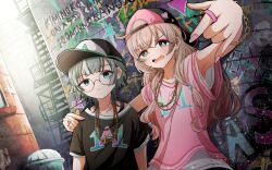 2girls \m/ ahoge alley alternate_hairstyle arm_around_shoulder armpit_peek backwards_hat baseball_cap beads black_bra black_shirt blonde_hair blunt_bangs blunt_ends bra bra_strap brick_wall chain chain_bracelet chain_necklace closed_mouth collarbone copyright_name day dutch_angle earrings fire_escape foreshortening frown gradient_hair graffiti green_eyes green_hair hair_beads hair_down hair_ornament hand_on_another&#039;s_shoulder hat heart heart_earrings heart_necklace hifumi_suu highres jewelry kedarui_aashii kimi_no_koto_ga_dai_dai_dai_dai_daisuki_na_100-nin_no_kanojo kusanochika layered_clothes light_particles long_hair looking_at_viewer multicolored_hair multiple_earrings multiple_girls nail_polish necklace open_mouth outdoors outstretched_arm pink_nails pink_shirt ring round_eyewear shirt shirt_under_shirt short_hair smile t-shirt trash_can underwear upper_body v-shaped_eyebrows window