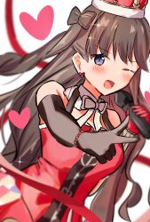 Rule 34 | 1girl, ;d, absurdres, asymmetrical gloves, bare shoulders, black gloves, blush, bow, bow-shaped hair, bowtie, breasts, brown hair, commentary request, crown, dress, elbow gloves, finger gun, fujishima megumi, gloves, heart, highres, hisho (rythm hisho), holding, holding microphone, link! like! love live!, long hair, looking at viewer, love live!, medium breasts, microphone, mismatched gloves, official alternate costume, one eye closed, open mouth, purple eyes, red crown, red dress, red gloves, red ribbon, ribbon, single elbow glove, sleeveless, sleeveless dress, smile, solo, two side up, uneven gloves, upper body, v-shaped eyebrows, virtual youtuber, white bow, white bowtie, zenhoi kyun
