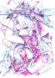 1girl aqua_eyes arms_up black_gloves bow breasts carlotta_(wuthering_waves) character_name cocoballking commentary_request dated dress dual_wielding earrings gloves gun hair_bow highres holding holding_gun holding_sword holding_weapon jacket jewelry long_hair looking_at_viewer medium_breasts pink_bow pink_jacket rifle solo sword weapon white_dress white_hair wuthering_waves