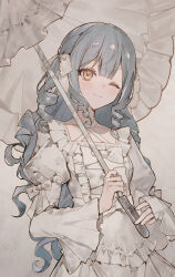 1girl absurdres ajirui animate_(company) animate_cafe arm_bow bang_dream! bang_dream!_it&#039;s_mygo!!!!! blue_hair bow center-flap_bangs center_frills collarbone commentary cowboy_shot criss-cross_halter curly_hair double-parted_bangs dress drill_hair drill_sidelocks frilled_dress frilled_ribbon frilled_umbrella frills grey_background hair_ribbon halterneck highres holding holding_umbrella juliet_sleeves long_hair long_sleeves looking_at_another official_alternate_costume official_alternate_hairstyle one_eye_closed puffy_sleeves ribbon ringlets sidelocks smile solo togawa_sakiko umbrella white_bow white_dress white_ribbon wide_sleeves yellow_eyes