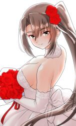 1girl absurdres artist_name black_eyes bouquet breasts brown_hair carnation cleavage closed_mouth commentary_request dress flower from_side furaggu_(frag_0416) hair_flower hair_ornament highres holding holding_bouquet kantai_collection large_breasts long_hair looking_at_viewer nachi_(kancolle) red_flower side_ponytail simple_background smile solo watermark wedding_dress white_background white_dress