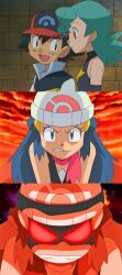 Rule 34 | 1boy, 2girls, absurdres, aged down, ash ketchum, bare shoulders, dawn (pokemon), gen 4 pokemon, gloves, green hair, highres, jenny (pokemon), long glove, marble (pokemon), multiple girls, nintendo, official alternate costume, orange eyes, pokemon, pokemon (anime), pokemon dp059, pokemon dppt (anime), spandex