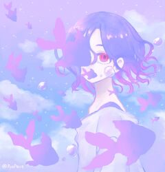 1boy aynp0119 blue_hair blue_sky bubble cloud fish flying_fish goldfish gradient_hair gradient_sky gundam gundam_gquuuuuux hair_over_one_eye highres looking_at_viewer lower_eyelashes_only male_focus multicolored_hair purple_hair purple_sky red_eyes shirt short_hair shuji_ito sky solo sparkle upper_body white_shirt