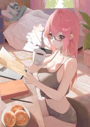 2girls absurdres bare_shoulders black-framed_eyewear blanket blue_oni blush book breasts brown_shirt brown_shorts cleavage clipboard coffee_mug collarbone colored_skin commentary crop_top cup curtains cushion donut english_commentary eye_mask food glasses hair_between_eyes highres holding holding_cup holding_paper horns hwan_(verypoor) indoors large_breasts long_hair looking_ahead lying micro_shorts mug multiple_girls on_bed on_side oni paper pen pillow pink_hair plant plate potted_plant purple_eyes reading semi-rimless_eyewear shirt shorts sitting sleeping soukaku_(zenless_zone_zero) table tsukishiro_yanagi under_covers wavy_mouth white_hair window wooden_floor wooden_table zenless_zone_zero
