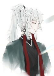 1girl absurdres closed_eyes earrings fate/grand_order fate/samurai_remnant fate_(series) haori highres japanese_clothes jewelry kimono kishimen_hair long_hair ponytail pppeipeipipi sidelocks solo upper_body white_background white_hair yui_shousetsu_(fate)