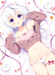 1girl animal_ears aoi_yun bed_sheet blue_eyes blush bow bow_bra bow_panties bra buttons cameltoe cardigan collarbone commentary_request cowboy_shot cropped_cardigan crossed_bangs crotch_seam fang flower frilled_bra frills gingham gingham_bra gingham_panties grey_cardigan hair_between_eyes hamster hamster_ears hamster_girl hands_up long_hair long_sleeves looking_at_viewer lowleg lowleg_panties lying midriff navel on_back on_bed open_mouth orange_flower original panties partially_unbuttoned pink_flower red_bow red_flower skin_fang sleeves_past_wrists smile solo strap_slip thigh_strap underwear white_hair white_panties wispy_bangs