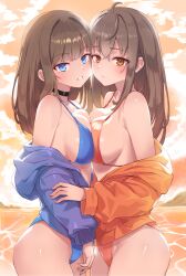 2girls armcho bikini blue_bikini blue_eyes blue_jacket breast_press breasts brown_eyes commentary_request highres jacket looking_at_viewer medium_breasts multiple_girls orange_bikini orange_jacket original swimsuit symmetrical_docking
