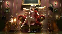 1girl absurdres armchair artist_name breasts chair cloak closed_mouth collarbone crossed_legs dress expressionless feet full_body grey_hair hair_ribbon highres lamp legs long_hair looking_at_viewer louu_heroo original pink_dress red_cloak red_eyes red_ribbon ribbon sitting small_breasts solo table twintails wings
